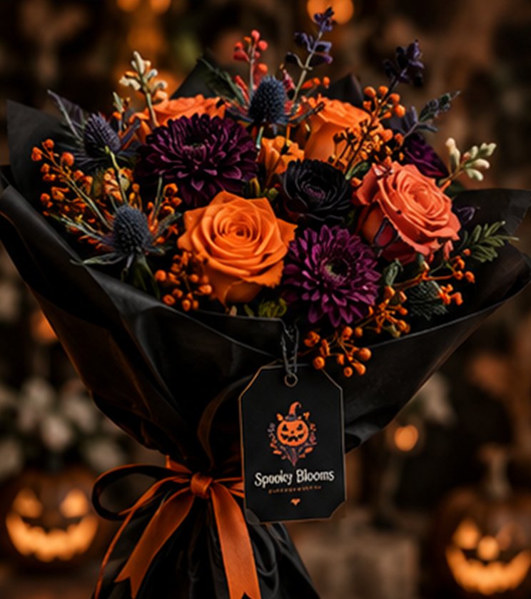 Bouquet of orange roses and purple dahlias in black wrap with an orange ribbon